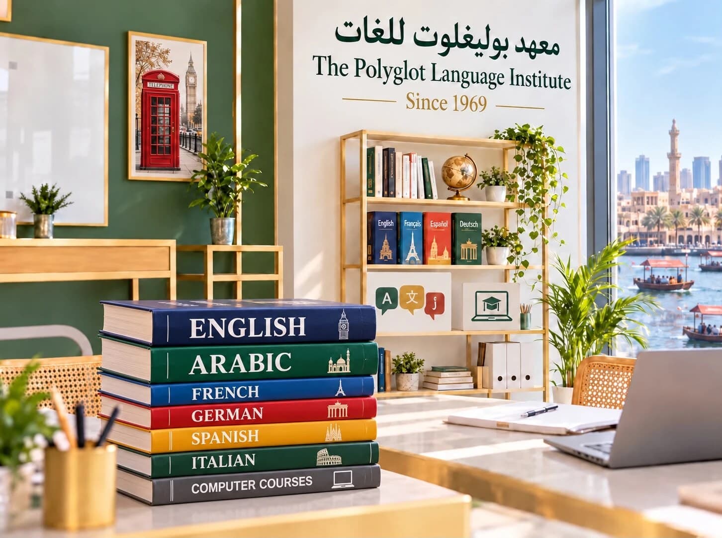 معهد بوليغلوت للغات: كتب دورات الإنجليزية والعربية والفرنسية والألمانية والإسبانية والإيطالية والكمبيوتر، بإطلالة على خور دبي