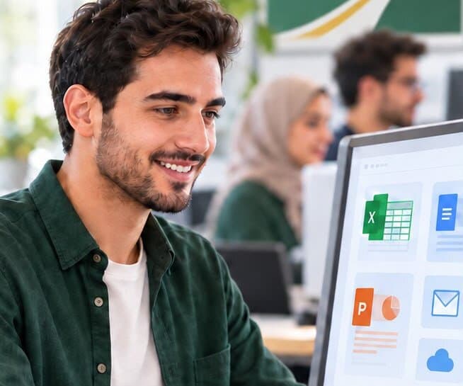 طالب يعمل على مايكروسوفت أوفيس أمام الكمبيوتر